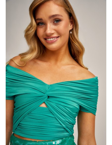 Turquoise green top with draped bardot neckline and knot
