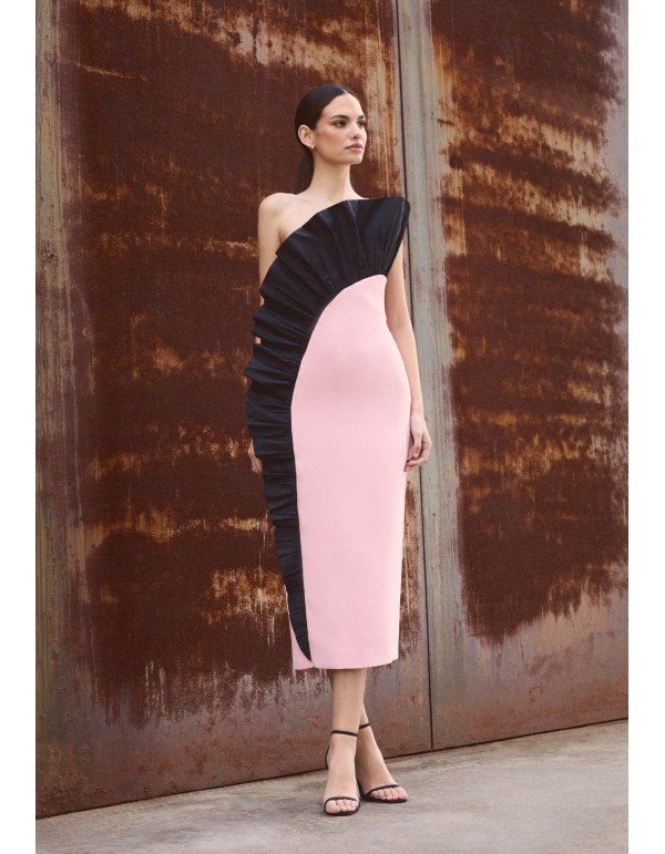 Robe midi à bretelles rose et noire avec volant de taffetas 2