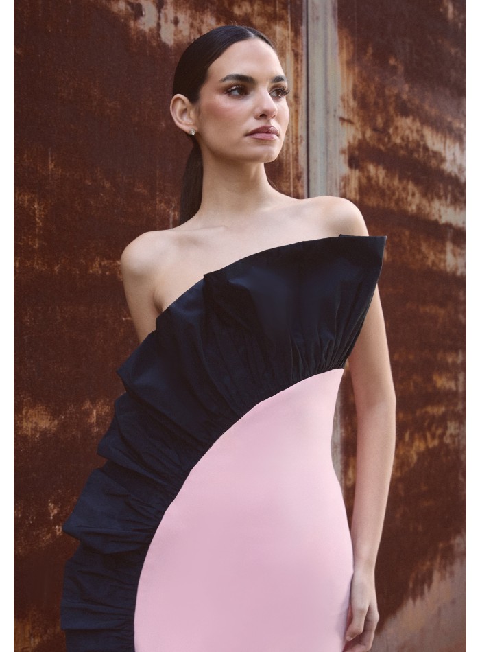 Pink and black strapless midi dress with...
