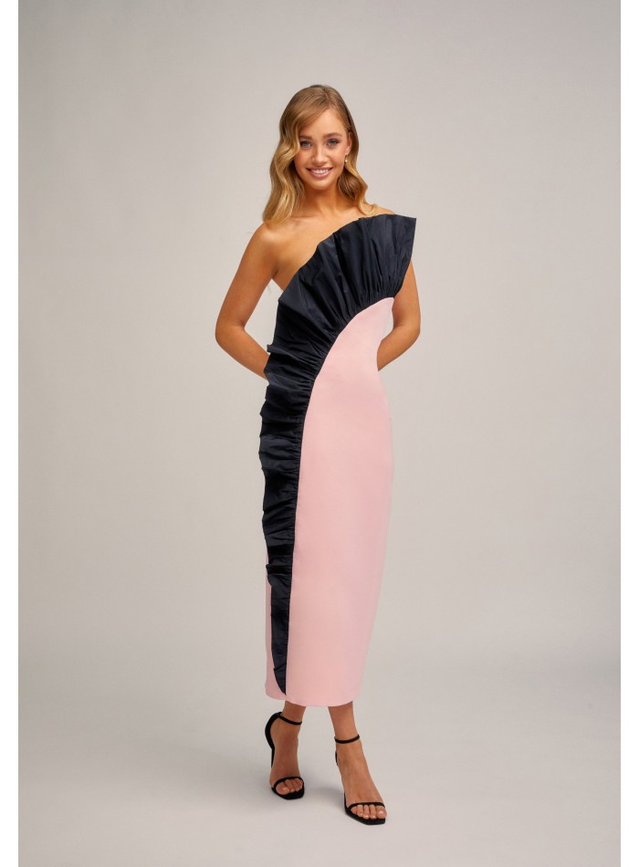 Pink and black strapless midi dress with...