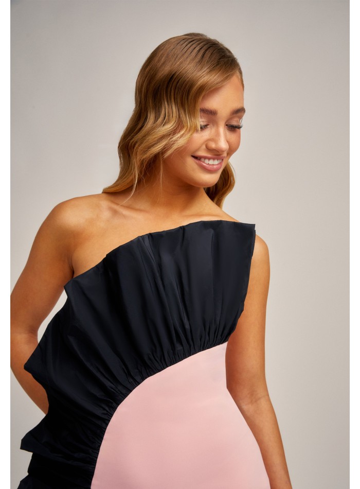 Pink and black strapless midi dress with...