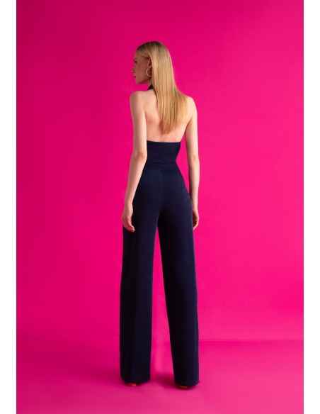 Party jumpsuit with draped halter neckline and open back