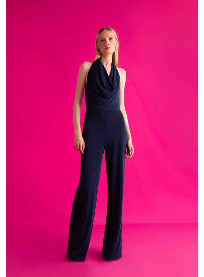Party jumpsuit with draped halter neckline and...