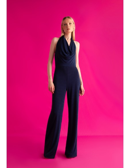 Party jumpsuit with draped halter neckline and open back