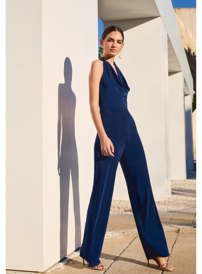 Party jumpsuit with draped halter neckline and...