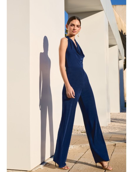 Party jumpsuit with draped halter neckline and open back