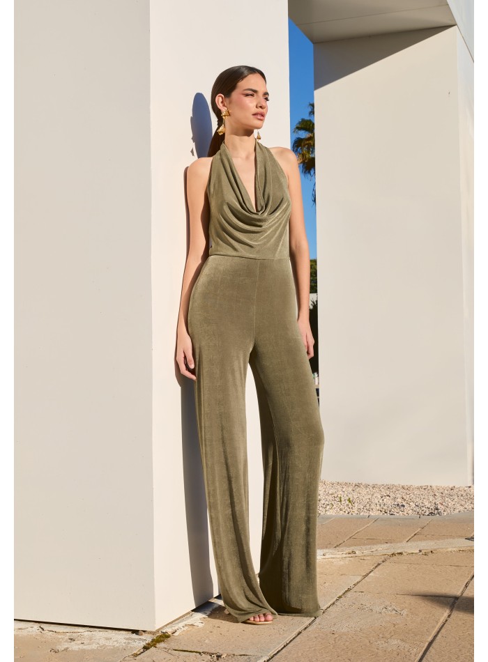 Long jumpsuit with draped halter neckline and...