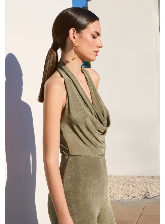 Long jumpsuit with draped halter neckline and...