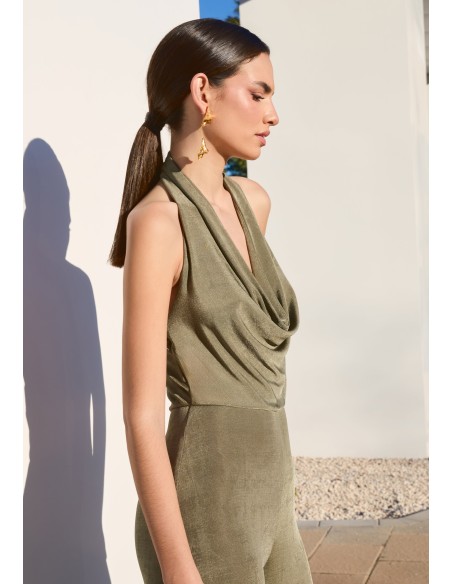 Long jumpsuit with draped halter neckline and open back