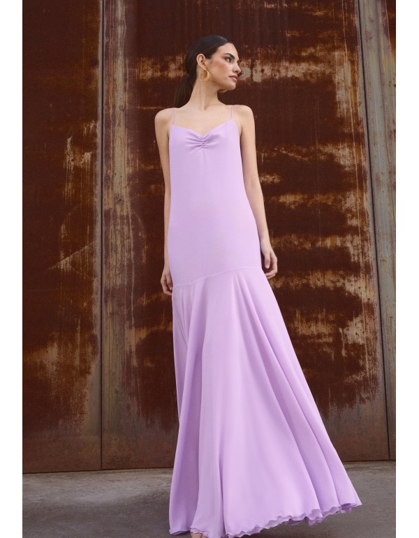 Long lilac strapless dress with ruffled neckline and cape... 2