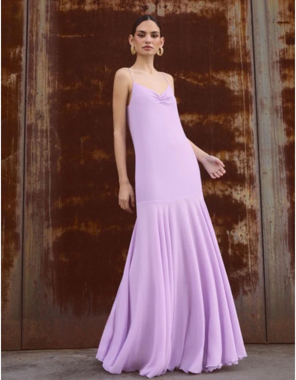 Long lilac strapless dress with ruffled neckline and cape...