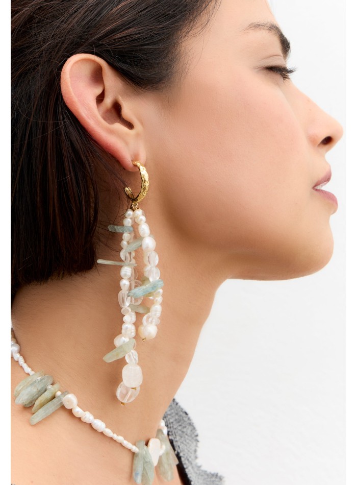 Gold earrings with pearls and aquamarine stone