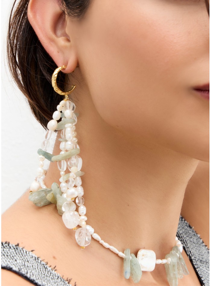 Gold earrings with pearls and aquamarine stone