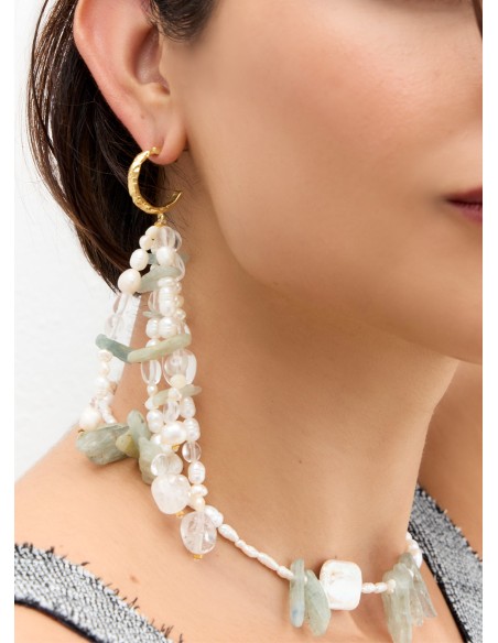 Boucles d'oreilles plaquées or avec perles et pierre aigue-marine