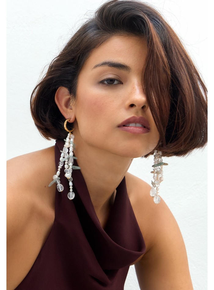 Gold earrings with pearls and aquamarine stone