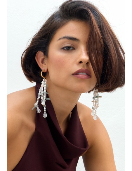 Boucles d'oreilles plaquées or avec perles et pierre aigue-marine