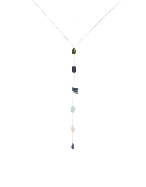 Long golden necklace with semiprecious stones