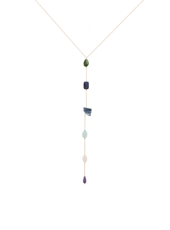 Long golden necklace with semiprecious stones