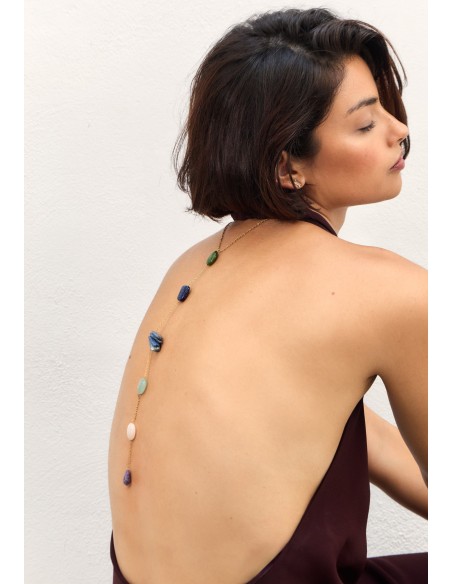 Long golden necklace with semiprecious stones