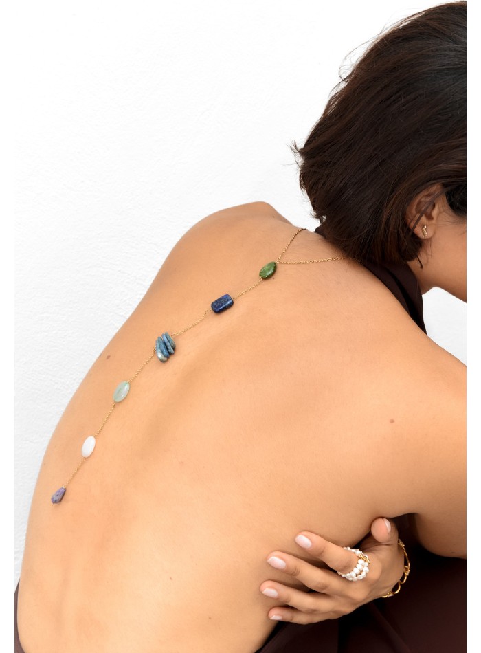 Long golden necklace with semiprecious stones