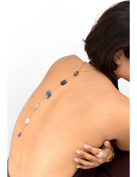 Long golden necklace with semiprecious stones