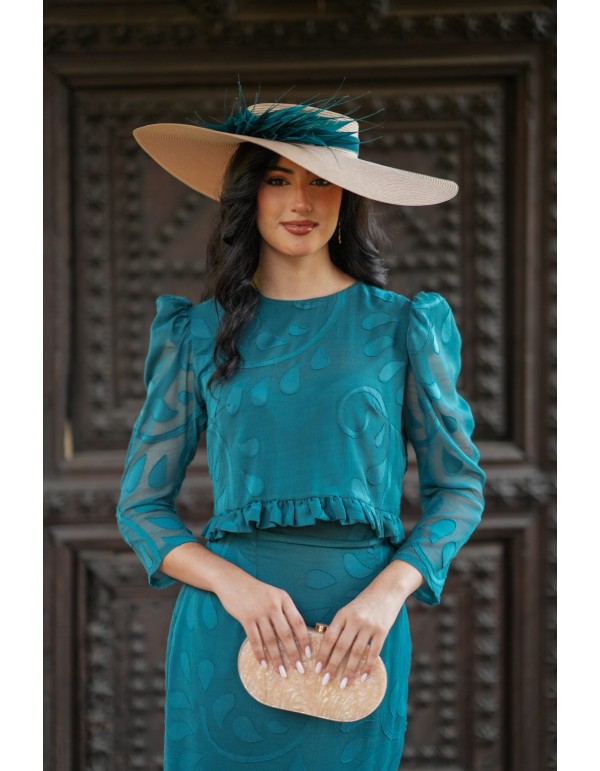 Petrol guest ensemble in brocade chiffon with flounce 2