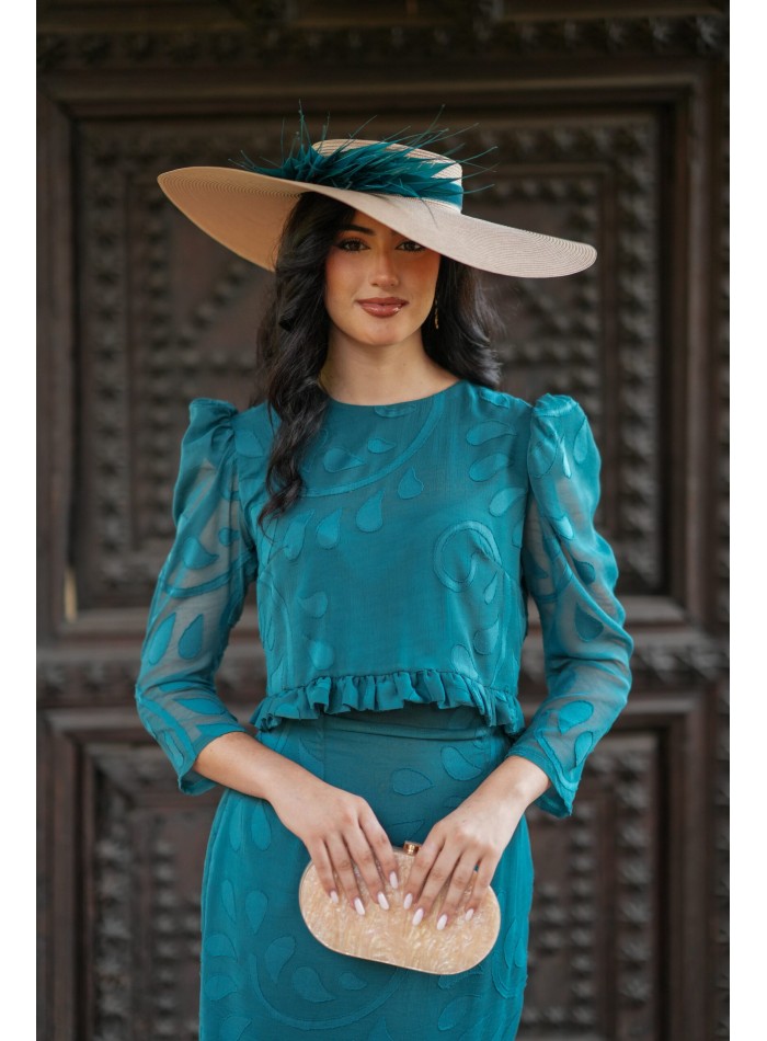 Petrol guest ensemble in brocade chiffon with...