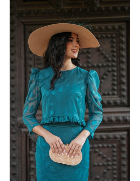 Petrol guest ensemble in brocade chiffon with flounce