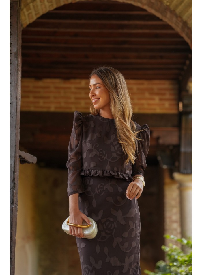 Chocolate brown brocade chiffon skirt and crop...