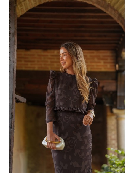 Chocolate brown brocade chiffon skirt and crop top set