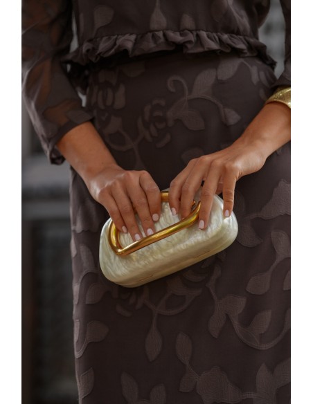 Conjunto de falda y crop top marrón chocolate en gasa brocada para bodas