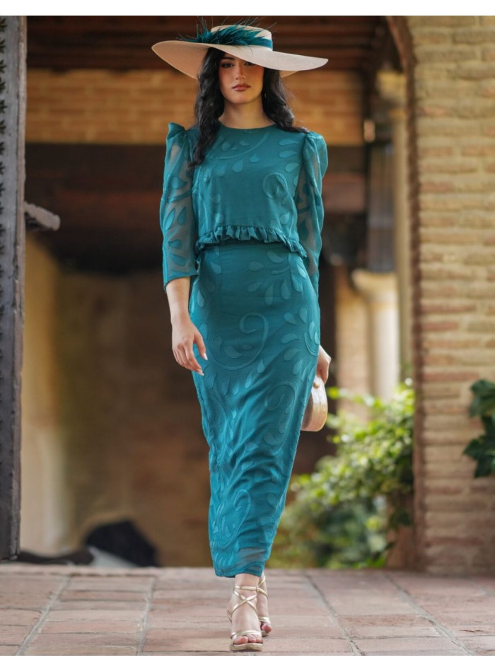 Petrol guest ensemble in brocade chiffon with...