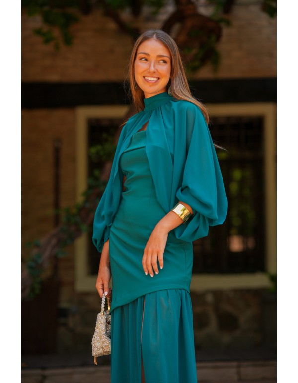 Petrol long dress with chiffon skirt and detachable sleeves 2