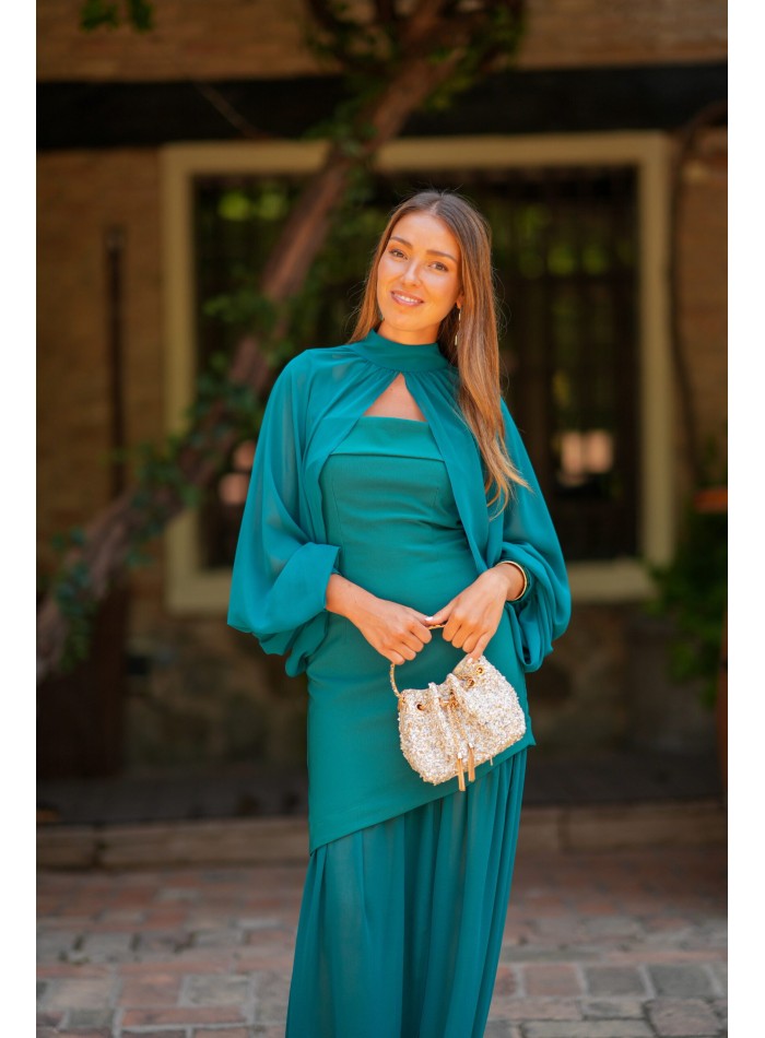 Petrol long dress with chiffon skirt and...