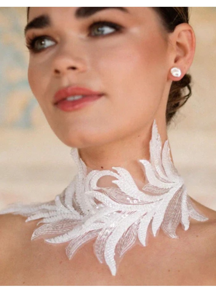 White Embroidered Feathers Choker