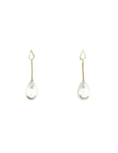 Short bridal earrings with golden thread and pearl teardrop