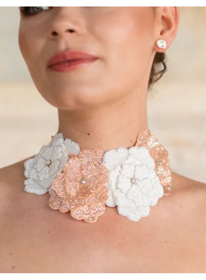 Necklace with white and rose gold embroidered...