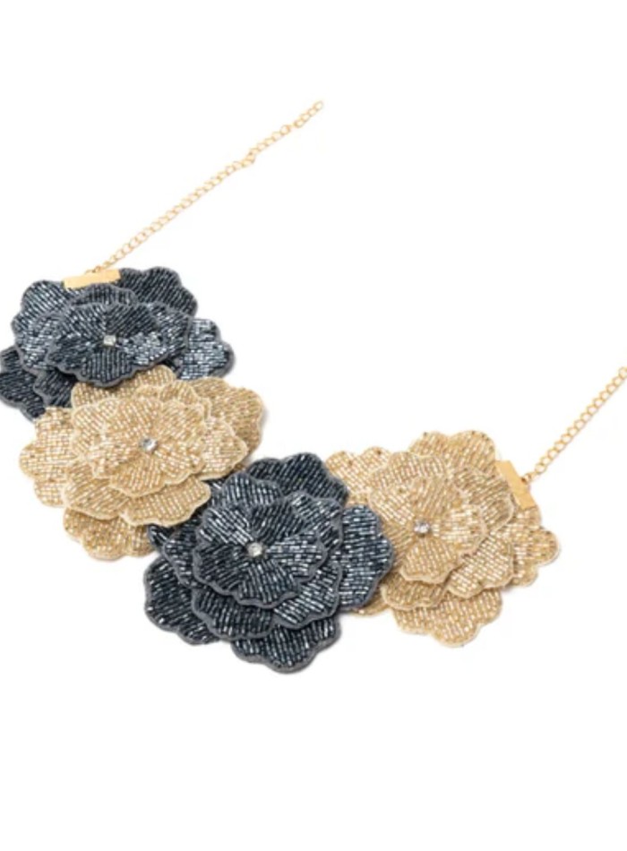 Necklace with gold and gray embroidered flowers