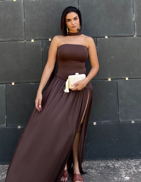 Vestido de fiesta largo palabra de honor marrón chocolate con chal a juego