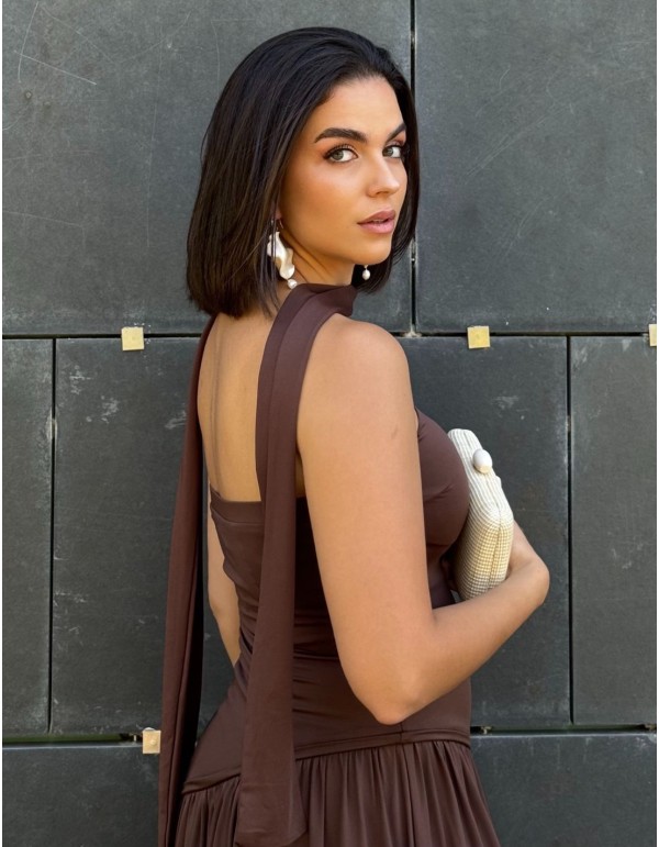 Robe de soirée longue sans bretelles marron chocolat avec... 2