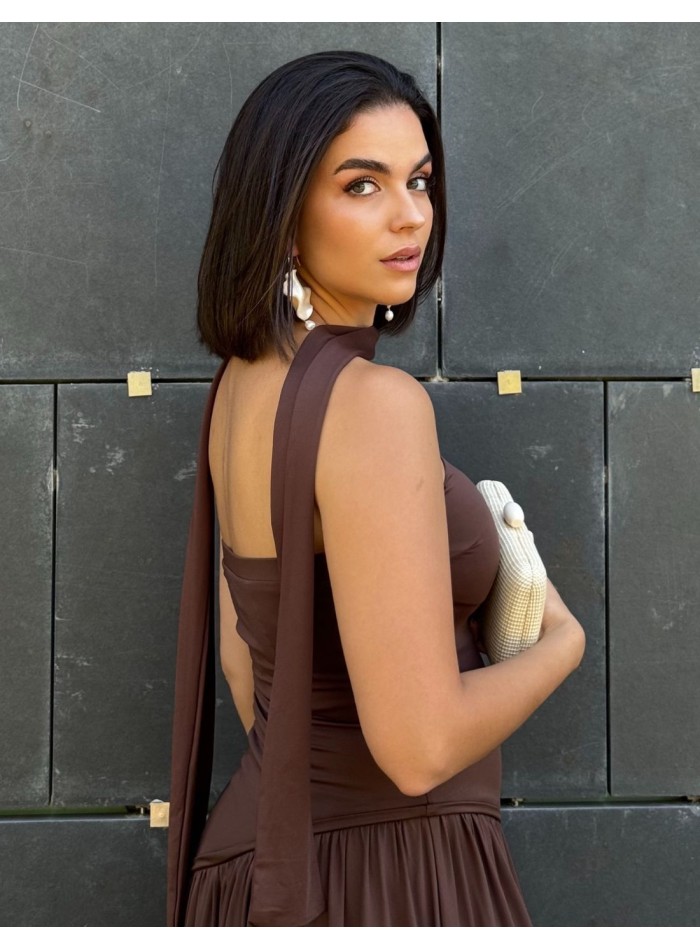 Chocolate brown strapless maxi dress with...