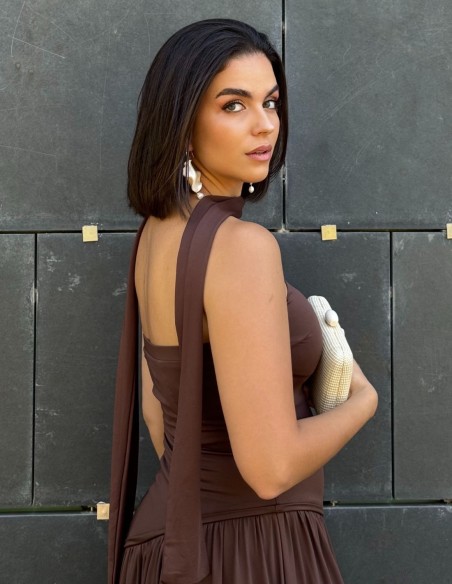 Chocolate brown strapless maxi dress with matching shawl