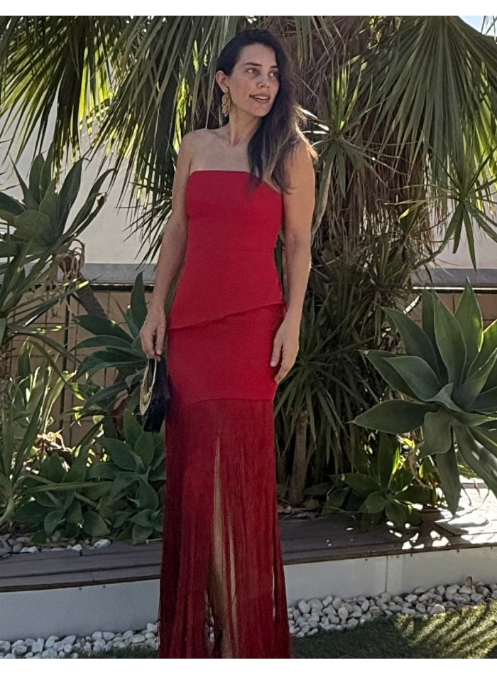 Long red dress with bangs and strapless...