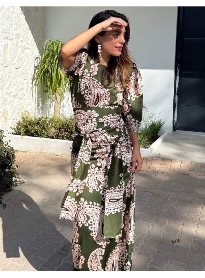 Green ethnic print long skirt with double knotting