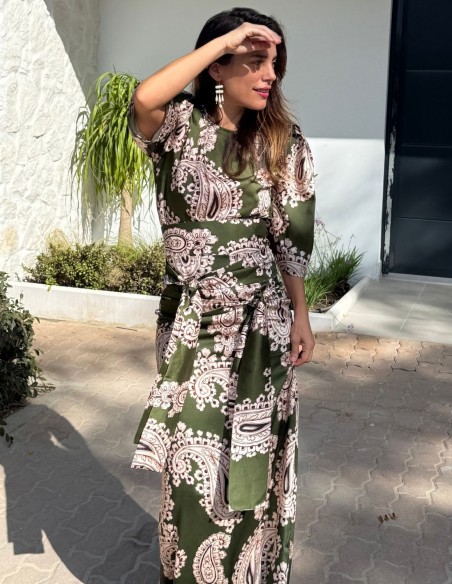 Jupe longue imprimée ethnique verte avec motif à double nœud