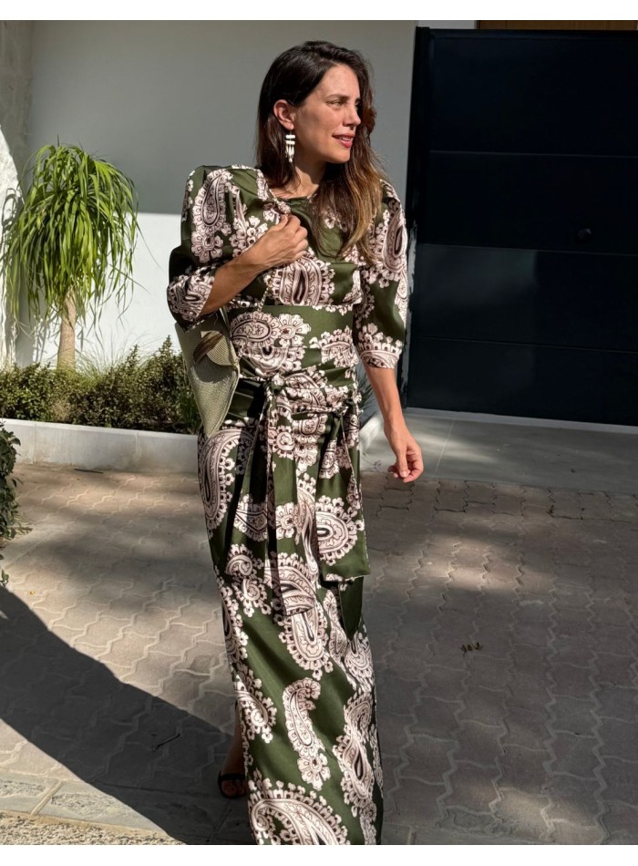 Green ethnic print long skirt with double knotting