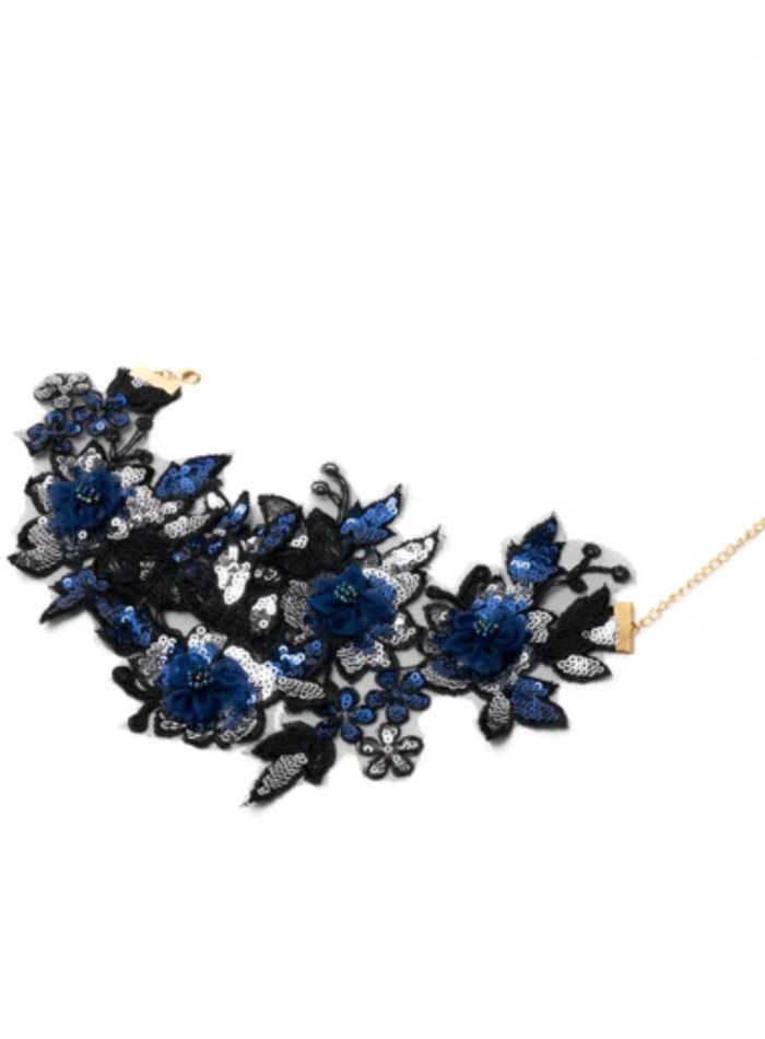 Necklace with blue and black embroidered flowers