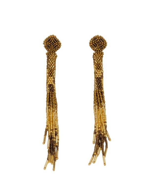 Long fringed beaded party earrings with bangs