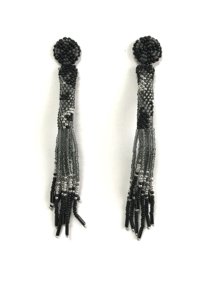 Long fringed beaded party earrings with bangs