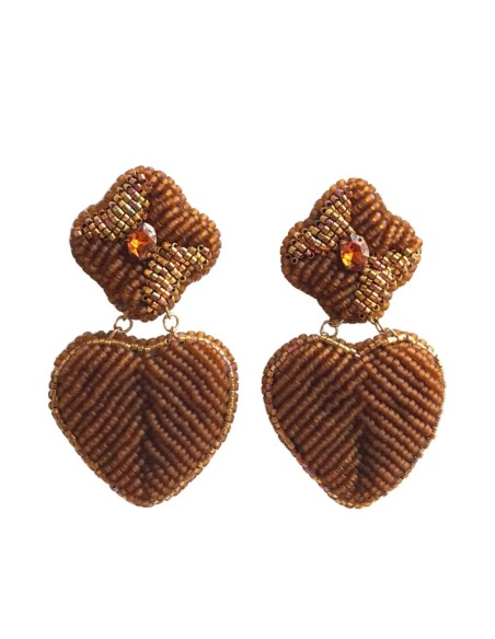 Hand-embroidered flower and heart earrings with beads